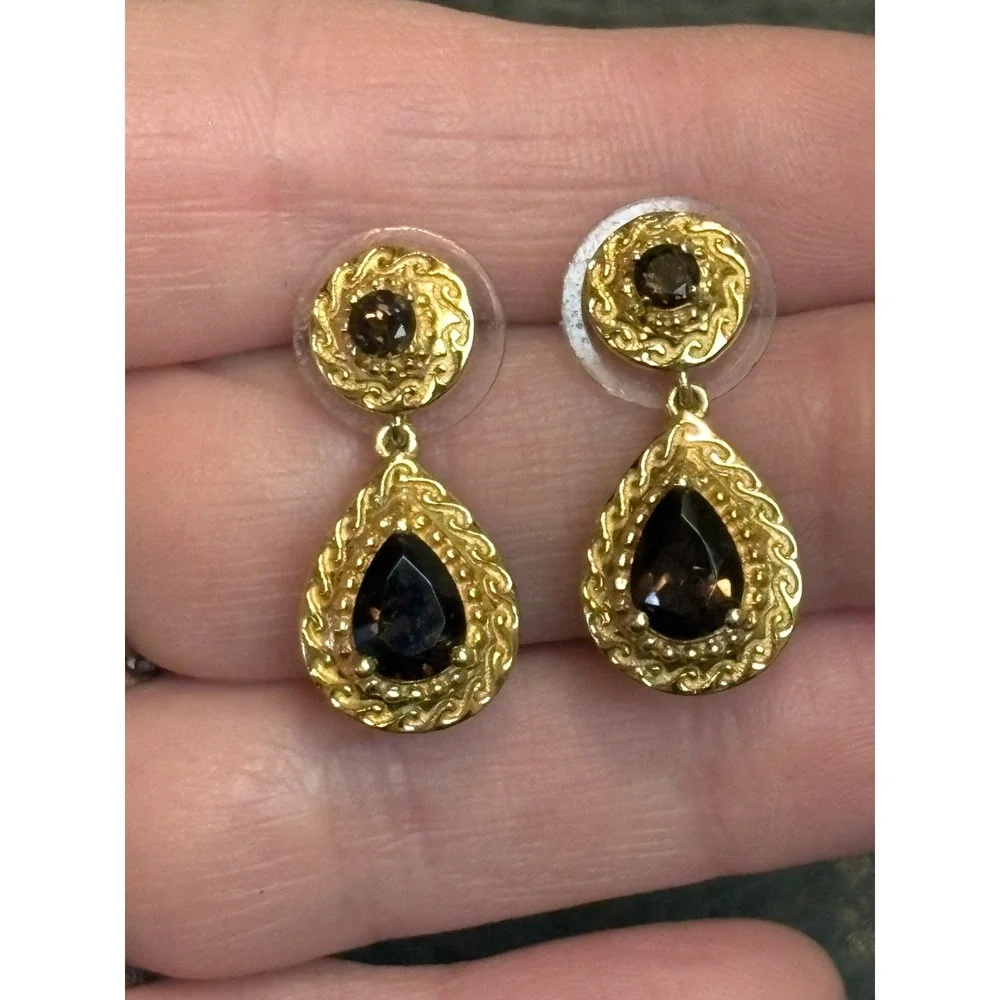 SIGNED SAJ VERMEIL STERLING SILVER BROWN SMOKEY TOPAZ STONES DANGLE EARRINGS